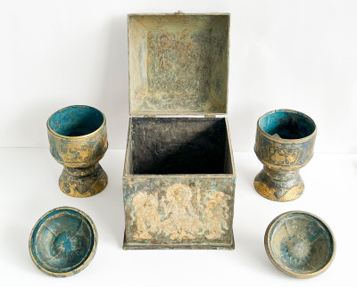Chinese Parcel Gilt Metal Box and a Pair of Metal Urns