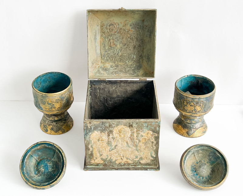 Chinese Parcel Gilt Metal Box and a Pair of Metal Urns