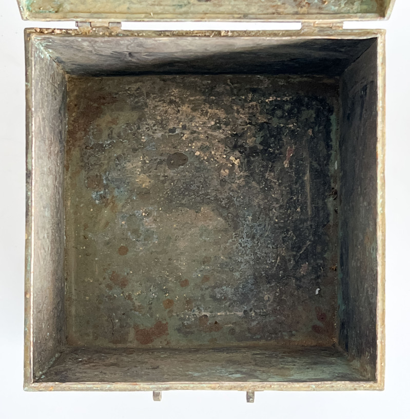 Chinese Parcel Gilt Metal Box and a Pair of Metal Urns