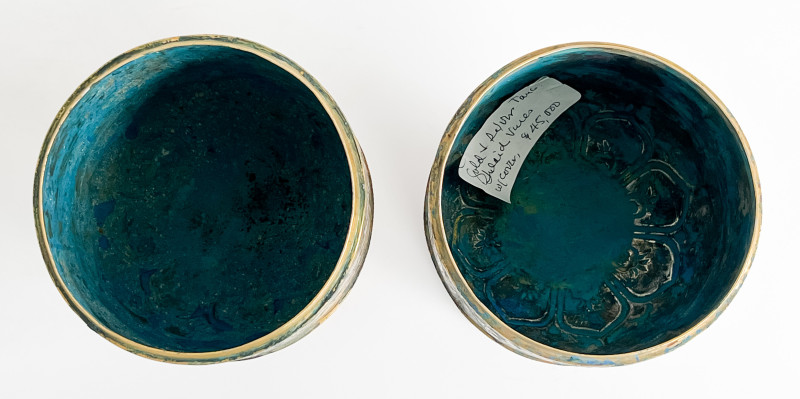 Chinese Parcel Gilt Metal Box and a Pair of Metal Urns