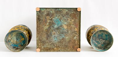 Chinese Parcel Gilt Metal Box and a Pair of Metal Urns