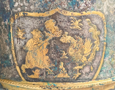 Chinese Parcel Gilt Metal Box and a Pair of Metal Urns