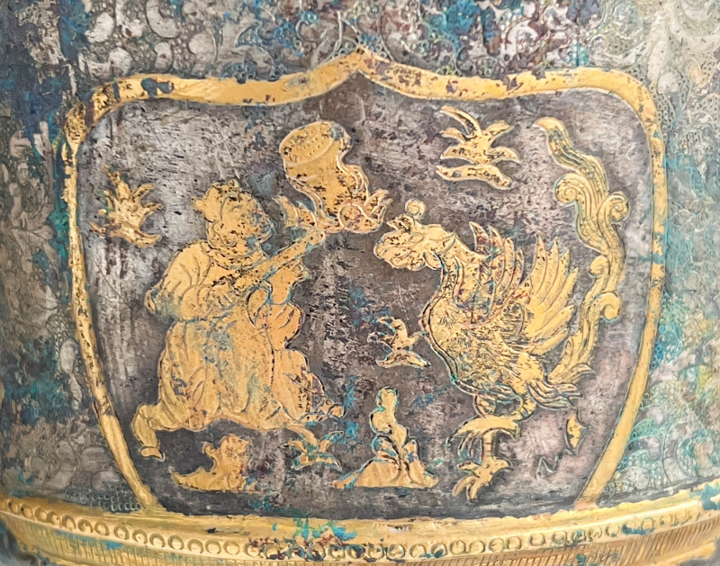 Chinese Parcel Gilt Metal Box and a Pair of Metal Urns