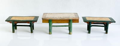 Chinese Green and Amber Glazed Ceramic Model of an Offering Table, Group of 3