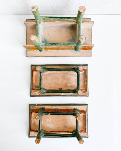 Chinese Green and Amber Glazed Ceramic Model of an Offering Table, Group of 3