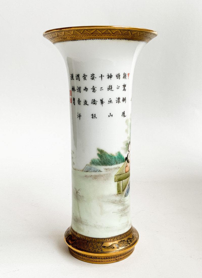 Chinese Enamel Decorated Porcelain Gu Vase with Erotic Imagery