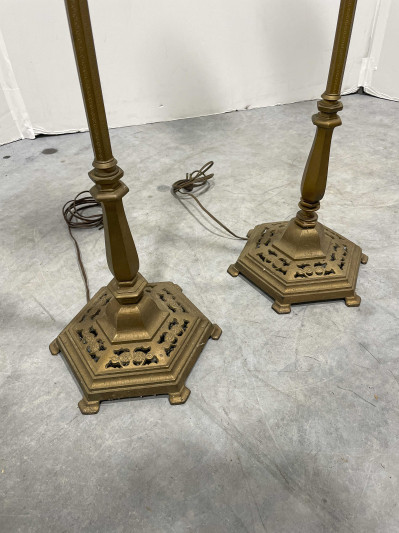 Pair of Gilt Metal Floor Lamps with Mica Shades, in the style of Oscar Bach
