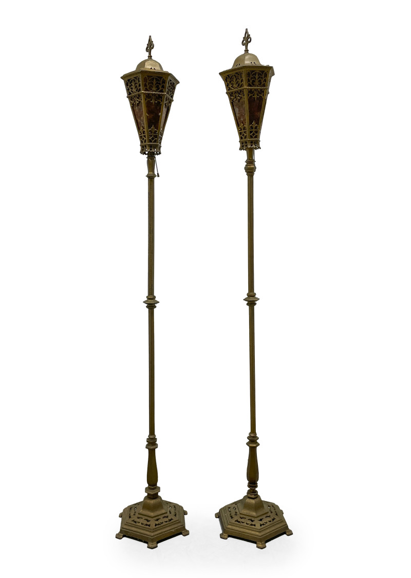 Pair of Gilt Metal Floor Lamps with Mica Shades, in the style of Oscar Bach