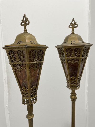 Pair of Gilt Metal Floor Lamps with Mica Shades, in the style of Oscar Bach
