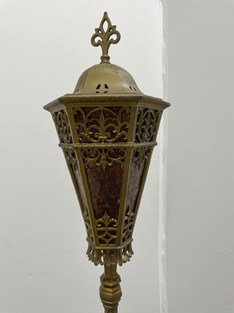 Pair of Gilt Metal Floor Lamps with Mica Shades, in the style of Oscar Bach