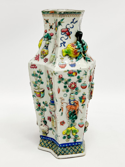 Chinese Porcelain Enamel and Relief Decorated Double Lozenge Vase