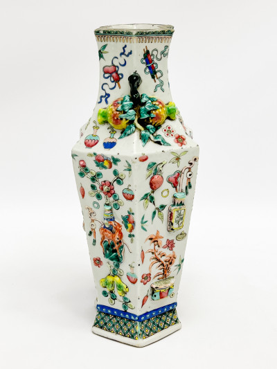 Chinese Porcelain Enamel and Relief Decorated Double Lozenge Vase
