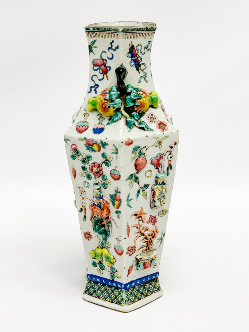Chinese Porcelain Enamel and Relief Decorated Double Lozenge Vase