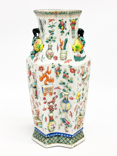 Chinese Porcelain Enamel and Relief Decorated Double Lozenge Vase