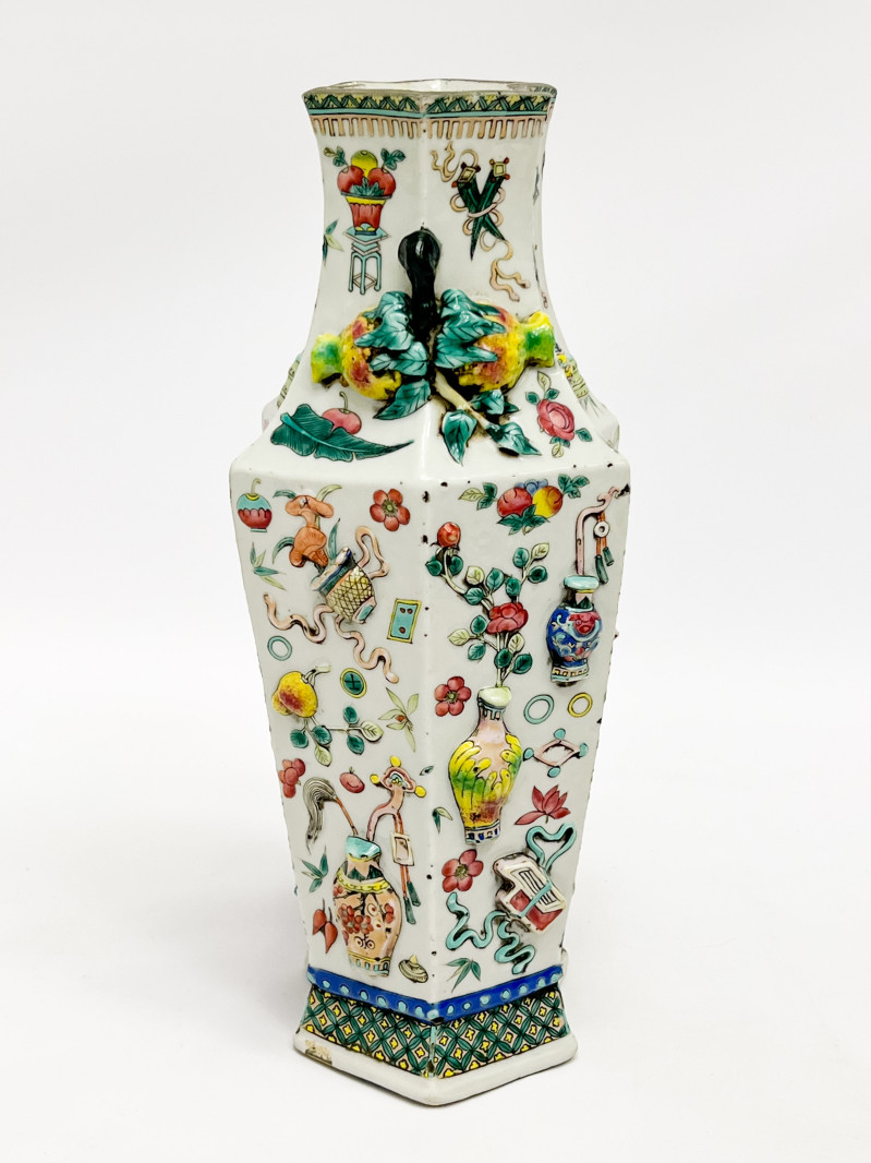 Chinese Porcelain Enamel and Relief Decorated Double Lozenge Vase