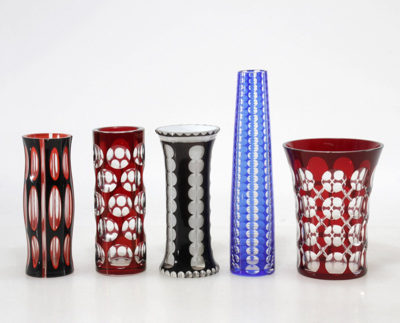 Group of Bohemian Etched &amp; Colored Glass Vases