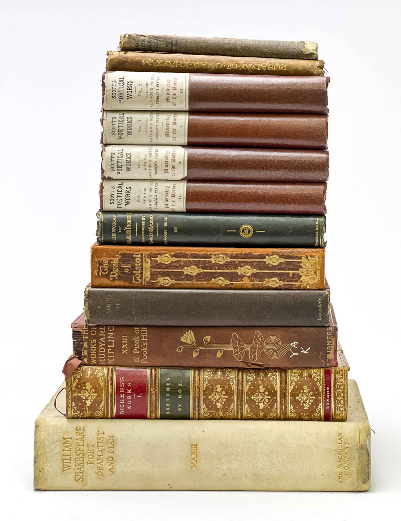 Group of 13 Books by Various Authors, including Sir Walter Scott, Charles Dickens, Omar Khayyam