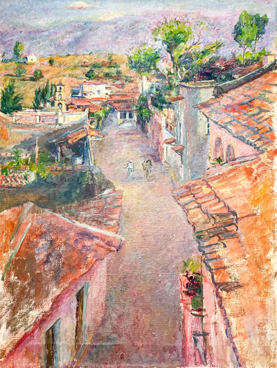 Clara Klinghoffer - Three Red Roses in a Vase / Street Scene in Taxco, Mexico (2 Works)