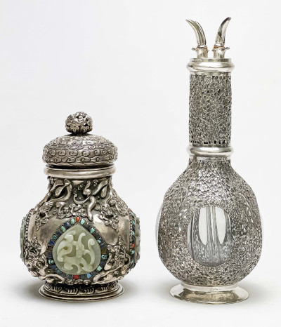 Chinese Silver and Jade Covered Vessel and a Silver Overlay Glass Decanter