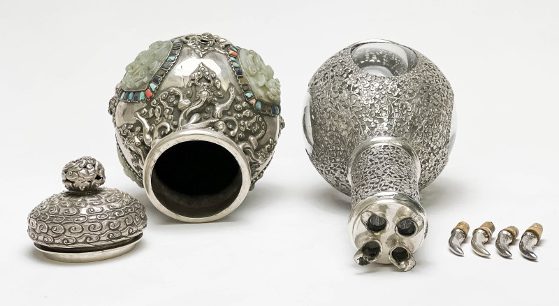 Chinese Silver and Jade Covered Vessel and a Silver Overlay Glass Decanter