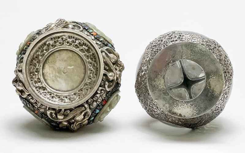 Chinese Silver and Jade Covered Vessel and a Silver Overlay Glass Decanter