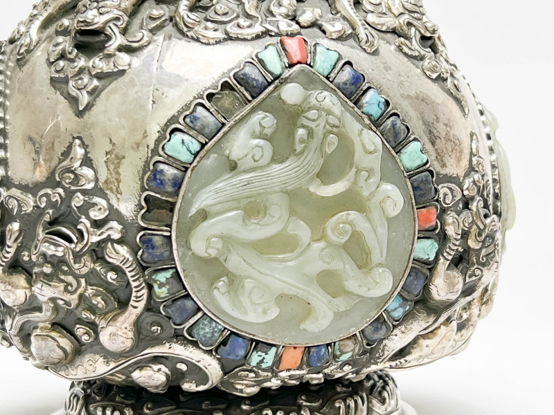 Chinese Silver and Jade Covered Vessel and a Silver Overlay Glass Decanter