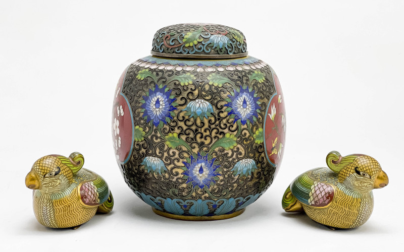 Two Chinese Cloisonné Birds and an Enamel Decorated Vase and Cover