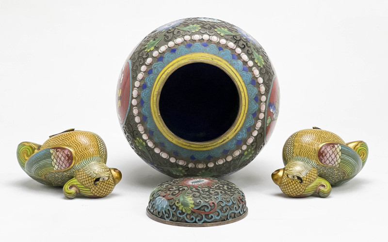 Two Chinese Cloisonné Birds and an Enamel Decorated Vase and Cover
