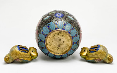 Two Chinese Cloisonné Birds and an Enamel Decorated Vase and Cover