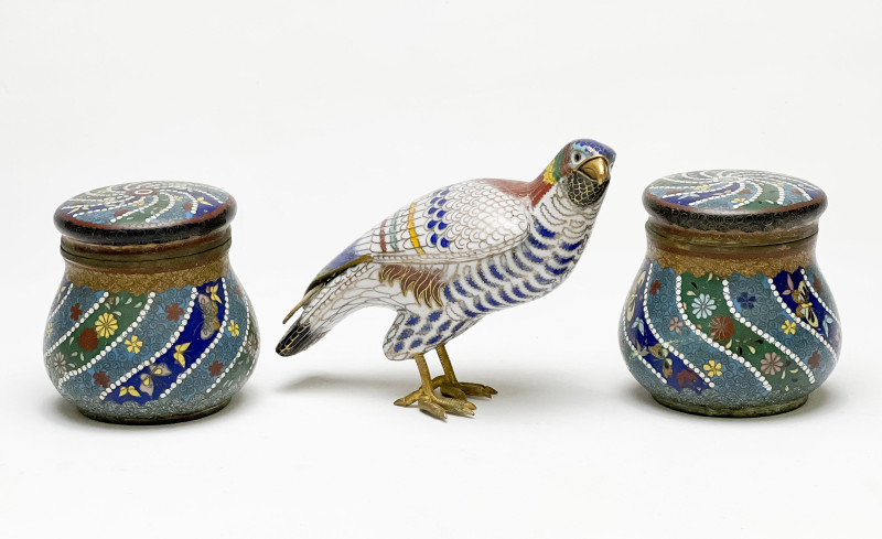 Chinese Cloisonné Figure of a Bird and Two Cloisonné Jars, Group of 3