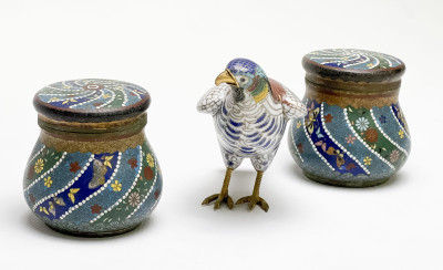 Chinese Cloisonné Figure of a Bird and Two Cloisonné Jars, Group of 3