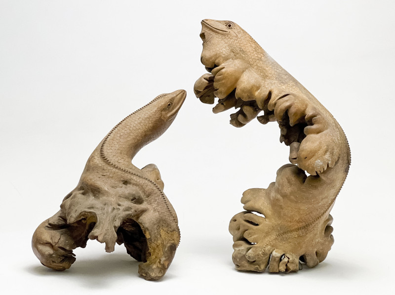 Rootwood or Burl Sculptures Carved with Lizard Form, Group of 2