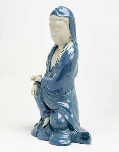 Chinese Robins Egg Glazed and Biscuit Porcelain Figure of Guanyin