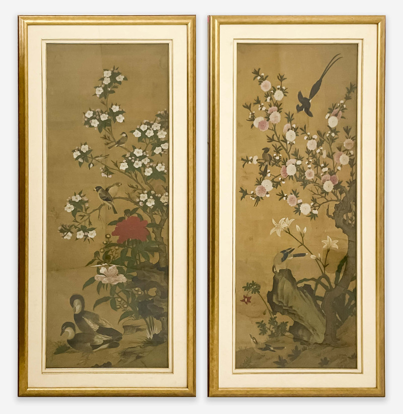 Pair of Chinese Paintings, Gardens, Color Ink on Silk
