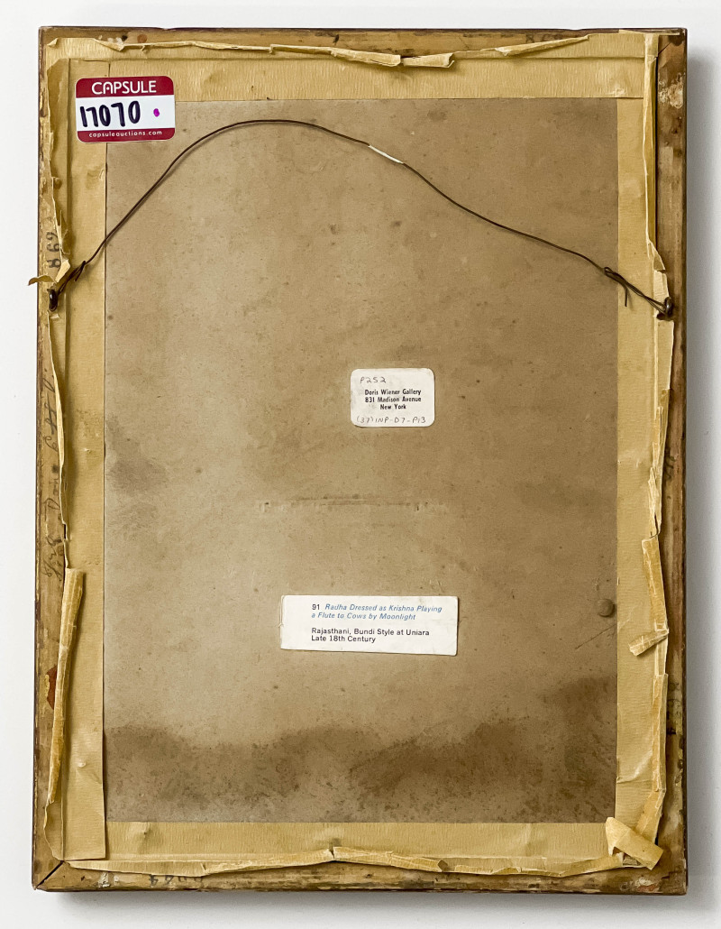 Indian Miniature, Radha Dressed as Krishna Playing a Flute to Cows by Moonlight