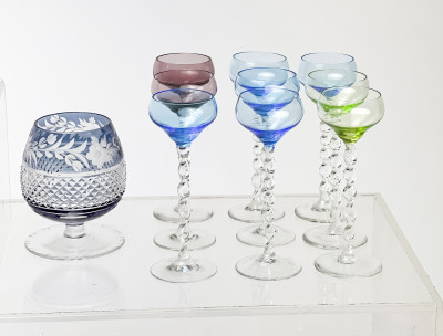 Assortment of Colorful Cut-Glass Stemware, 39 Pcs.