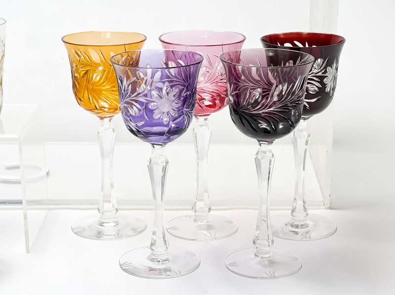 Assortment of Colorful Cut-Glass Stemware, 39 Pcs.