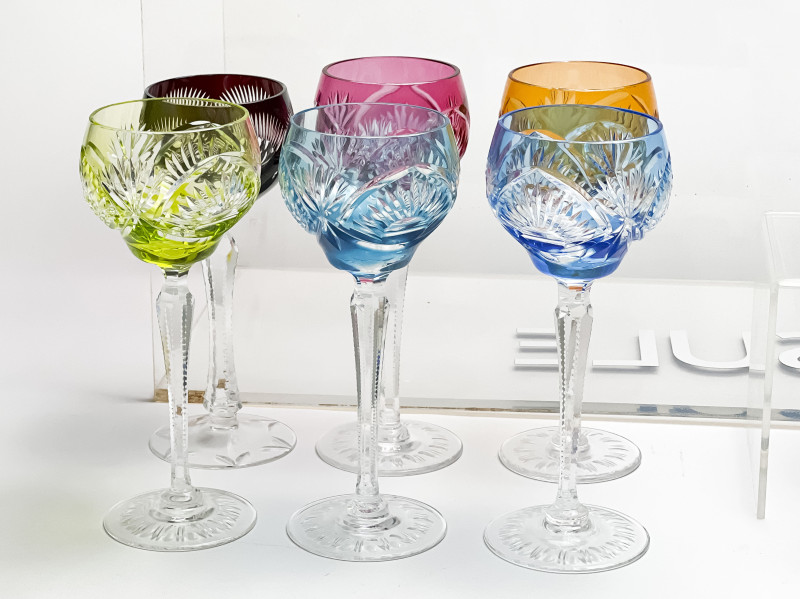 Assortment of Colorful Cut-Glass Stemware, 39 Pcs.