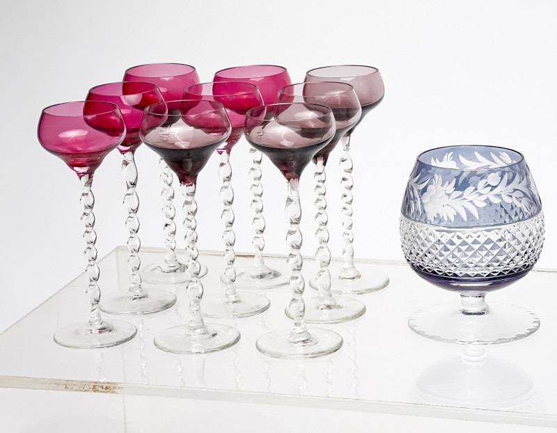 Assortment of Colorful Cut-Glass Stemware, 39 Pcs.