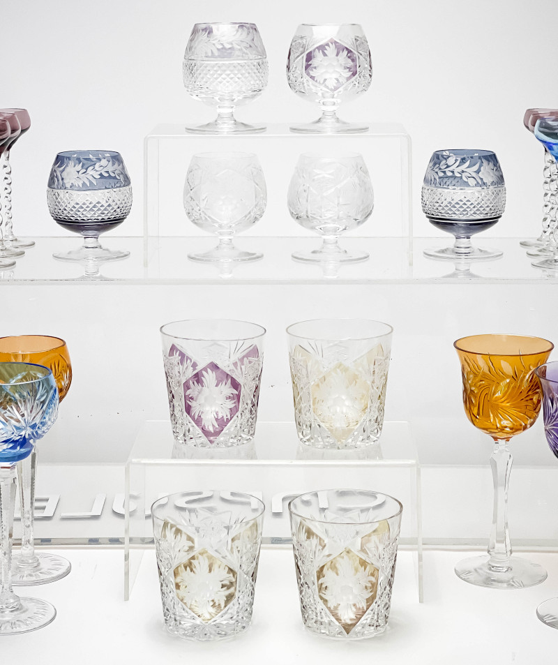 Assortment of Colorful Cut-Glass Stemware, 39 Pcs.