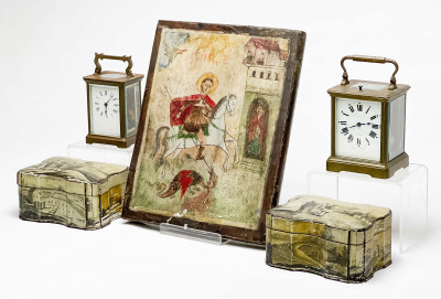 Antique Icon of Saint George and Other Objects, Group of 5