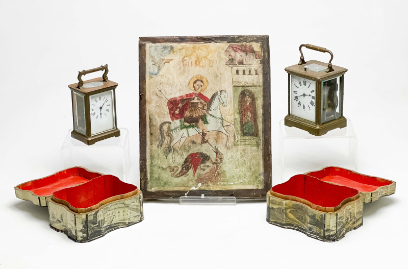 Antique Icon of Saint George and Other Objects, Group of 5