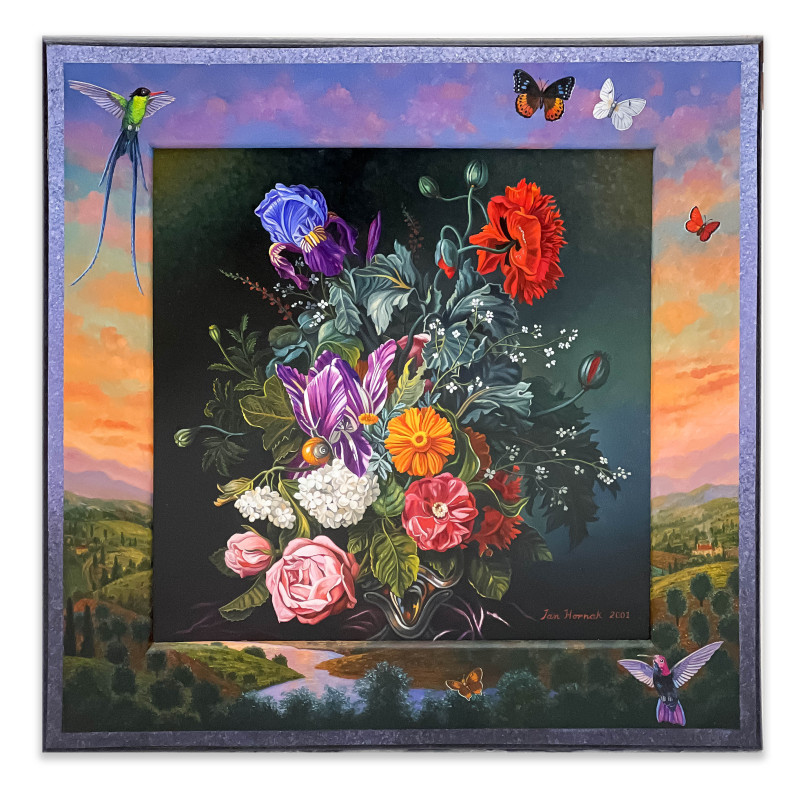 Ian Hornak - Square Baroque Flowerpiece with Purple and White Striped Tulip