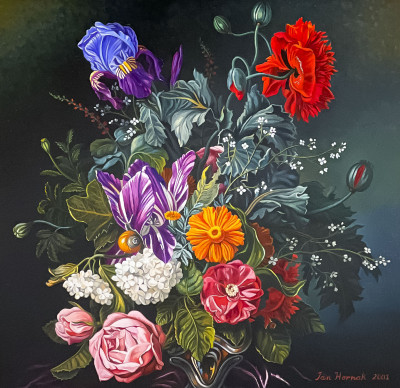 Ian Hornak - Square Baroque Flowerpiece with Purple and White Striped Tulip