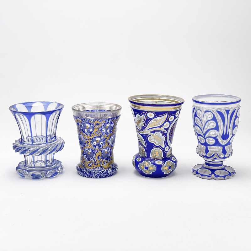 Bohemian Cobalt Blue Cut to Clear Glass Goblets, Group of 4