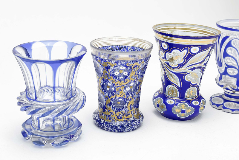 Bohemian Cobalt Blue Cut to Clear Glass Goblets, Group of 4