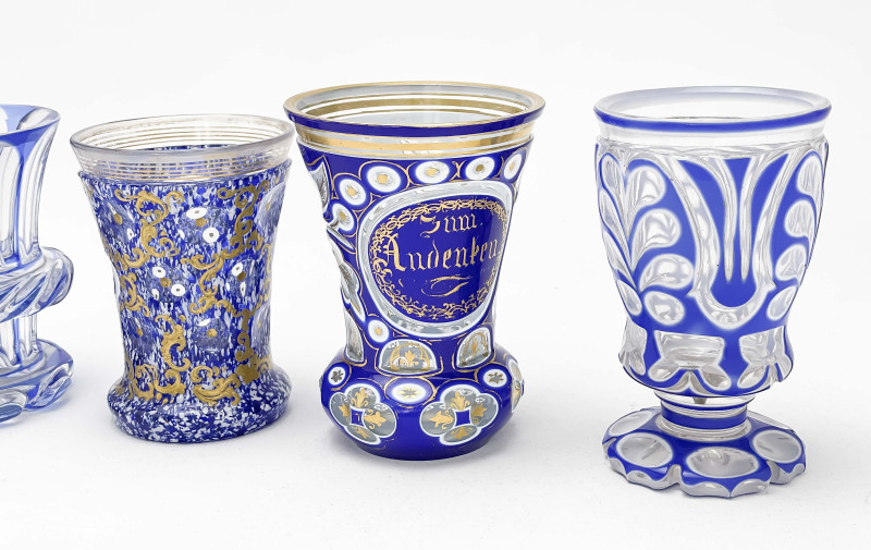 Bohemian Cobalt Blue Cut to Clear Glass Goblets, Group of 4