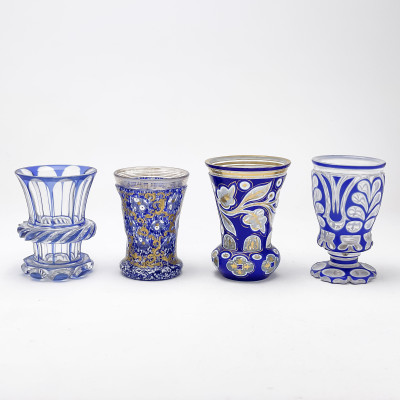 Bohemian Cobalt Blue Cut to Clear Glass Goblets, Group of 4