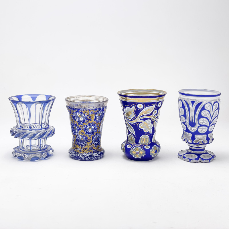 Bohemian Cobalt Blue Cut to Clear Glass Goblets, Group of 4