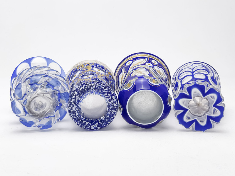 Bohemian Cobalt Blue Cut to Clear Glass Goblets, Group of 4